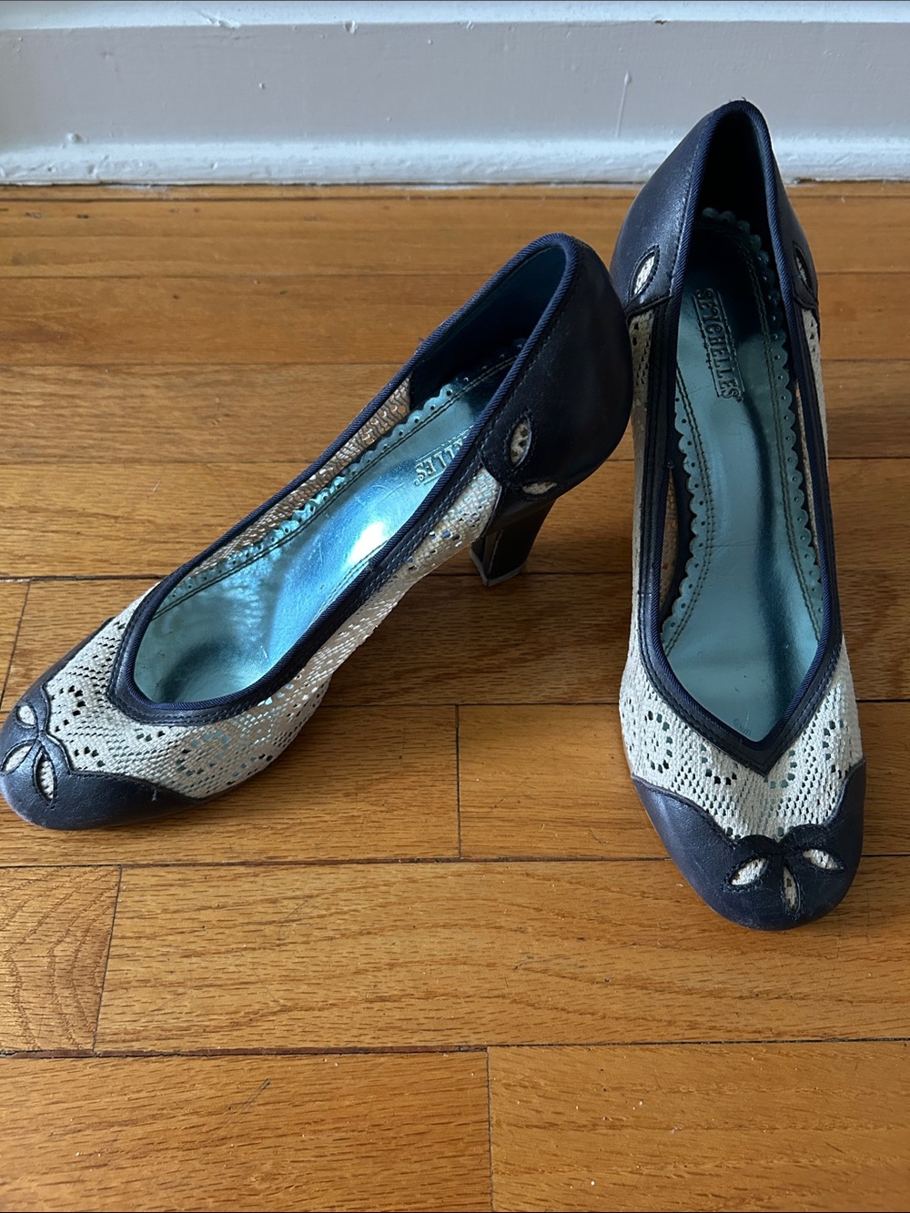Seychelles navy pumps with white pointelle lace
